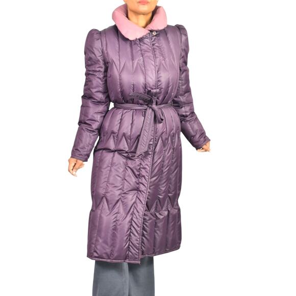 Vintage Quilted Puffer Coat Purple Duck Goose Down Long Midi Puff Sleeves Small - Picture 13 of 16